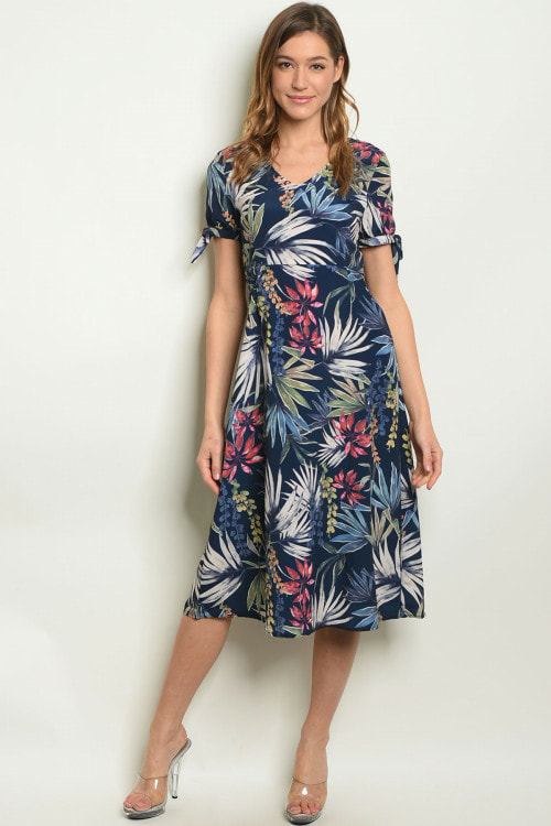 In Bloom Navy Tropical Print Dress